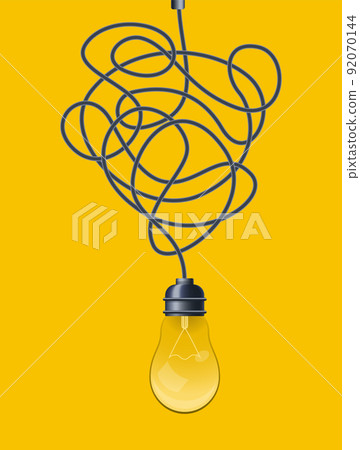 Decorative design lightbulb. Messy line and bulb. Idea concept with outline lamp. Doodle tangled cord with knot and illuminator 92070144