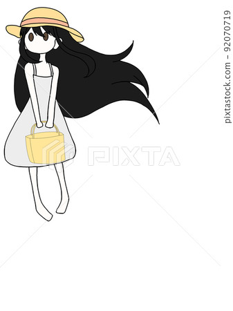 Illustration of a black-haired girl wearing a pink hat and holding a bag Illustration of a black-haired girl wearing a pink hat and holding a bag 92070719