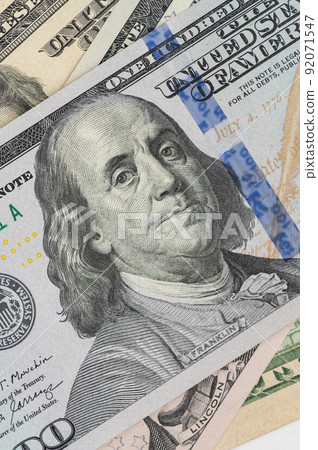 100 Dolar banknote USA close up. Franklin macro. One hundred American dollars. 92071547