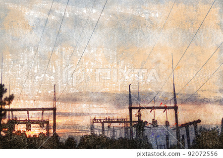 A transformer station against a pink sunset sky. Lines of intersecting electric wires. Industry, energy. Digital watercolor painting. Canvas texture 92072556