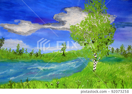 Birch and river. Impressionism painting 92073258