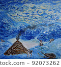 Polar landscape. Tent, sleigh and sled dogs 92073262