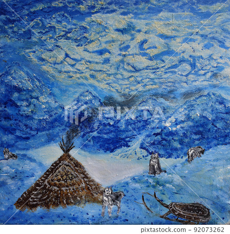 Polar landscape. Tent, sleigh and sled dogs Polar landscape. Tent, sleigh and sled dogs 92073262