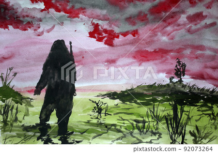 Duck hunter in lake. Sunset Duck hunter in lake. Sunset 92073264