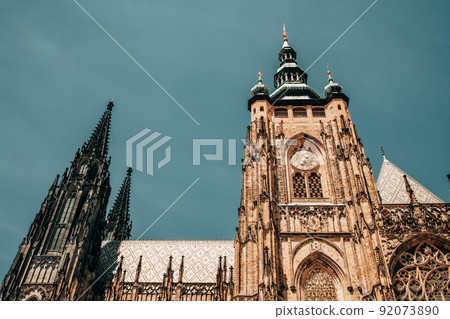 Exterior facade of St. Vitus cathedral in Prague Czech Republic. Architecture in gothic style Exterior facade of St. Vitus cathedral in Prague Czech Republic. Architecture in gothic style 92073890