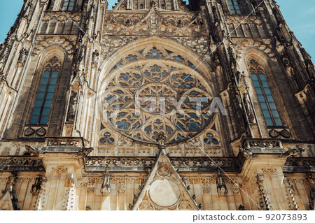 Exterior facade of St. Vitus cathedral in Prague Czech Republic. Architecture in gothic style Exterior facade of St. Vitus cathedral in Prague Czech Republic. Architecture in gothic style 92073893