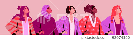 Women power International Day. Strong girl holiday. Lady with hair and national clothes. Equal rights protest group. Support community. Female body poses. Sisterhood and feminism. Vector illustration Women power International Day. Strong girl holiday. Lady with hair and national clothes. Equal rights protest group. Support community. Female body poses. Sisterhood and feminism. Vector illustration 92074300