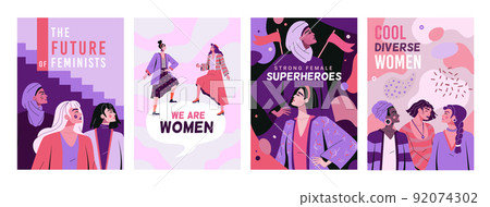 Strong superhero woman posters. Feminist people flying at future. Modern cool portraits. Diverse multiethnic female. Feminine International Day cards set. Ladies empowerment. Vector flat background 92074302