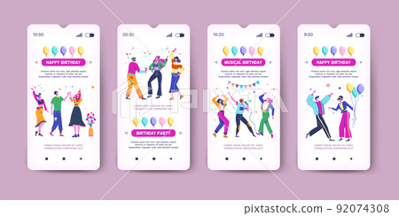 Birthday celebrate mobile app. Smartphone screen template. Banner with happy people company dance. Party balloons and confetti. Landing for anniversary event. Vector cartoon design application UI set Birthday celebrate mobile app. Smartphone screen template. Banner with happy people company dance. Party balloons and confetti. Landing for anniversary event. Vector cartoon design application UI set 92074308