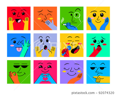 Abstract face characters. People avatar with eye mouths. Happy or sad emoji. Humor facial expressions. Hands gestures. Square colorful cards. Doodle comic elements set. Vector cartoon illustration Abstract face characters. People avatar with eye mouths. Happy or sad emoji. Humor facial expressions. Hands gestures. Square colorful cards. Doodle comic elements set. Vector cartoon illustration 92074320