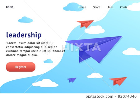 Leadership airplane landing page. Website interface template. Paper origami email message flight. Business people success. Innovation vision way. Flying folded plane in sky. Vector illustration layout Leadership airplane landing page. Website interface template. Paper origami email message flight. Business people success. Innovation vision way. Flying folded plane in sky. Vector illustration layout 92074346