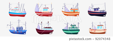 Sea fish boat. Fisherman marine trawler. Ocean harbor fishery icons. Traditional transportation in water. Fisher motorboats side view. Industrial vessels with fishing tackles. Vector isolated ship set Sea fish boat. Fisherman marine trawler. Ocean harbor fishery icons. Traditional transportation in water. Fisher motorboats side view. Industrial vessels with fishing tackles. Vector isolated ship set 92074348