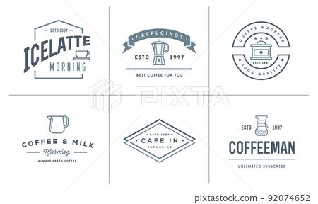 Set of Vector Coffee Logotype Templates and Coffee Accessories Illustration with Incorporated Icons with Fictitious Names Set of Vector Coffee Logotype Templates and Coffee Accessories Illustration with Incorporated Icons with Fictitious Names 92074652