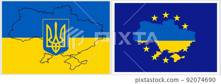 Map and colors of the flag of Ukraine on the background of the flag of the European Union. 92074690