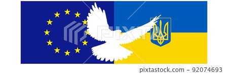 Flag of the European Union and Ukraine with a white dove. Flag of the European Union and Ukraine with a white dove. 92074693