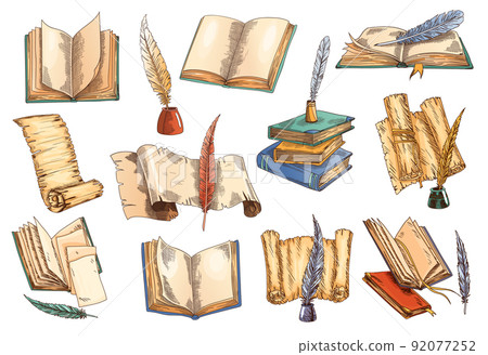 Old book. Vector set of old open books with empty page, parchment paper scroll with vintage antique quill and in inkwell. Retro writing stationery and ampty manuscript Old book. Vector set of old open books with empty page, parchment paper scroll with vintage antique quill and in inkwell. Retro writing stationery and ampty manuscript 92077252