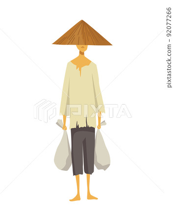 Asian farmer in straw conical hat. Asia rural culture. Chinese farmer carrying yields harvest in his hands. Vector cartoon illustration 92077266