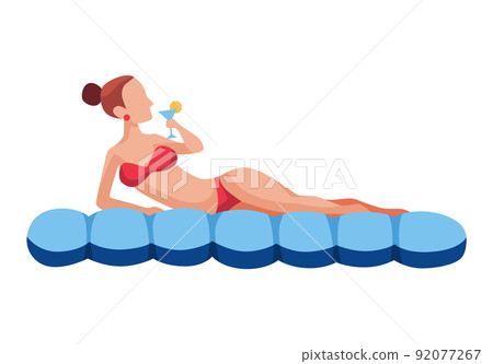 Woman float on air mattress. Fun female character. Young lady swimming and rest, resting, relaxing. Summertime flat cartoon illustration 92077267