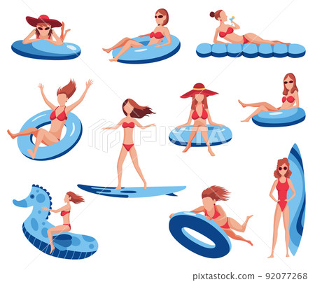Set of young womans float on air mattress. Fun female characters with hat and glasses. Young ladys swimming on inflatable ring. Summertime flat cartoon illustration Set of young womans float on air mattress. Fun female characters with hat and glasses. Young ladys swimming on inflatable ring. Summertime flat cartoon illustration 92077268