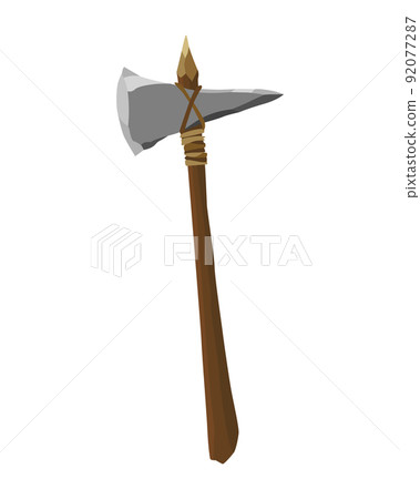 Ancient age stone tool for hunting or work. Cartoon axe, prehistoric caveman instrument. Vector illustration of primitive culture tool in flat style isolated on white background Ancient age stone tool for hunting or work. Cartoon axe, prehistoric caveman instrument. Vector illustration of primitive culture tool in flat style isolated on white background 92077287