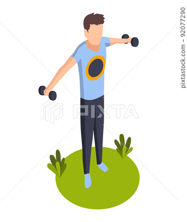 Sport people isometric. Exercise male athlete outdoor. Man sport activity workout ground. Human character of performing exercise with dumbbells isolated on white Sport people isometric. Exercise male athlete outdoor. Man sport activity workout ground. Human character of performing exercise with dumbbells isolated on white 92077290