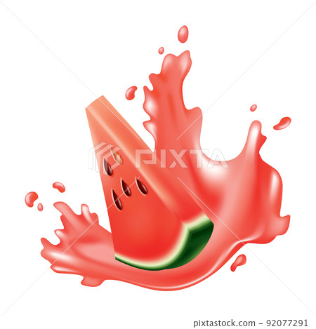 Watermelon natural sweet food. Icon of ripe red fruit cut on slice in 3d realistic cartoon style. Fresh and juicy colorful berry isolated on white background Watermelon natural sweet food. Icon of ripe red fruit cut on slice in 3d realistic cartoon style. Fresh and juicy colorful berry isolated on white background 92077291