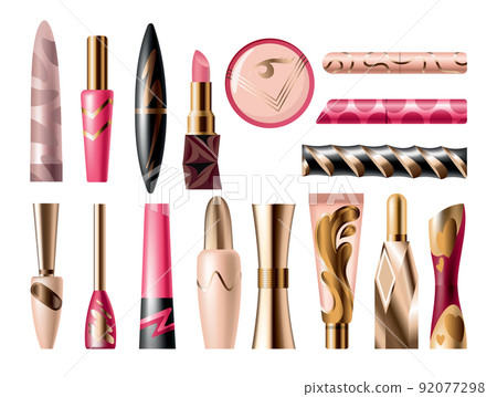Makeup cosmetics set of different packages. Isolated beauty products and facial decorative cosmetics tools. Blank template of containers for eyeliner, lipstick, powder, foundation and mascara 92077298