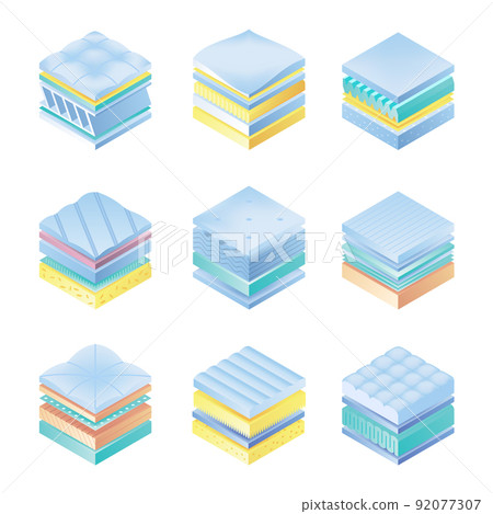 Layered orthopedic mattress icon set. Isometric bed section layers. Fabric breathable material, structure for correct sleeping position. Soft filler, comfort synthetic fiber. 3D advertising models Layered orthopedic mattress icon set. Isometric bed section layers. Fabric breathable material, structure for correct sleeping position. Soft filler, comfort synthetic fiber. 3D advertising models 92077307