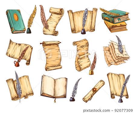 Collection of old books and antique quills with ink-bottle. Set of education and wisdom icon symbol. Vector illusration for education and literature theme design. Vintage library design elements 92077309