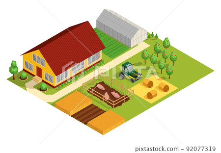 Isometric rural farm building and cottage. Agricultural machinery, garden and domestic animals. Vector icon representing countryside element Isometric rural farm building and cottage. Agricultural machinery, garden and domestic animals. Vector icon representing countryside element 92077319