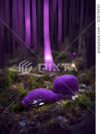 Purple Glowing Mushrooms and Trees in an Enchanted Magical Forest 92078450