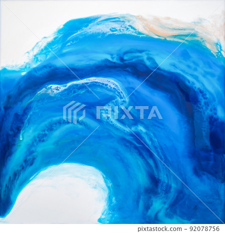 Part of original resin art epoxy resin painting. High quality details. Marble texture. Fluid art for modern banners, ethereal graphic design. Abstract ethereal bronze, blue and white swirl. 92078756
