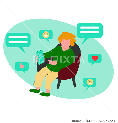 Boy sitting on chair and chatting on smartphone, sms and emoji around, vector illustration Boy sitting on chair and chatting on smartphone, sms and emoji around, vector illustration 92079224