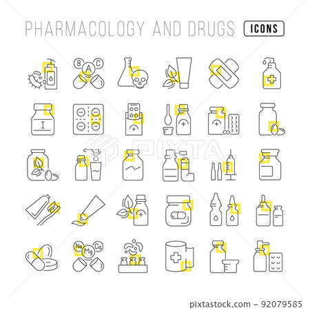 Set of linear icons of Pharmacology and Drugs 92079585