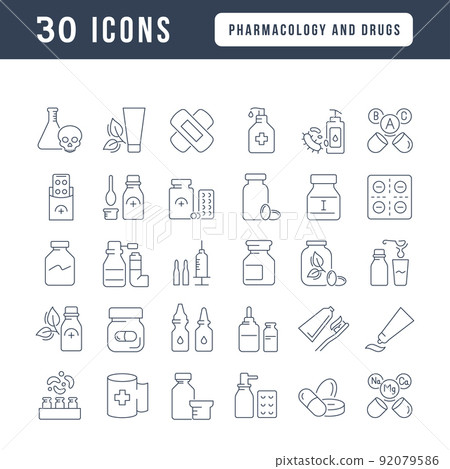 Set of linear icons of Pharmacology and Drugs 92079586