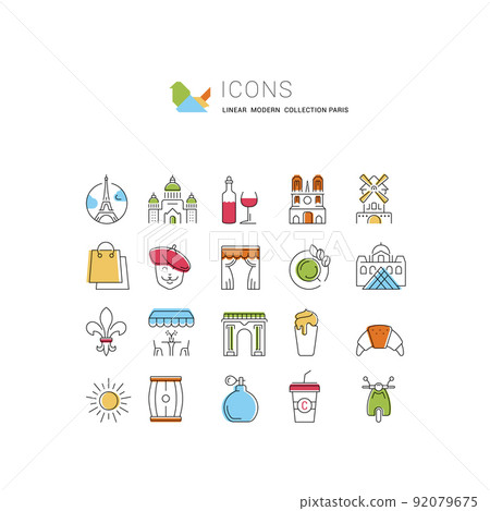 Set Vector Flat Line Icons Paris Set Vector Flat Line Icons Paris 92079675
