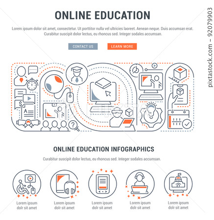 Vector Illustration with Linear Icons of Online Education. 92079903