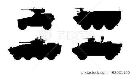 Set of infantry combat fighting vehicle silhouettes. Black military battle machine vector icons, modern army transport. Set of infantry combat fighting vehicle silhouettes. Black military battle machine vector icons, modern army transport. 92081190