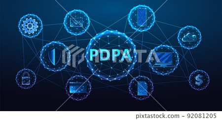 PDPA personal data protection act concept in futuristic glowing low polygonal style on dark blue PDPA personal data protection act concept in futuristic glowing low polygonal style on dark blue 92081205