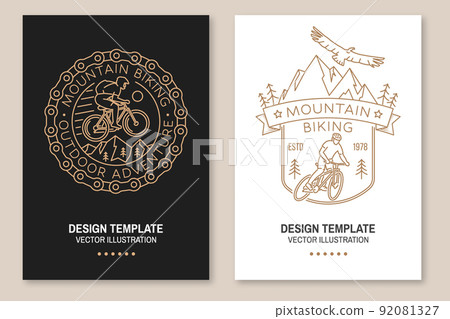 Set of Mountain biking flyer, brochure, banner, poster. Vector illustration. Concept for shirt or logo, print, stamp or tee. Vintage line art design with man riding bike and mountain silhouette. Set of Mountain biking flyer, brochure, banner, poster. Vector illustration. Concept for shirt or logo, print, stamp or tee. Vintage line art design with man riding bike and mountain silhouette. 92081327