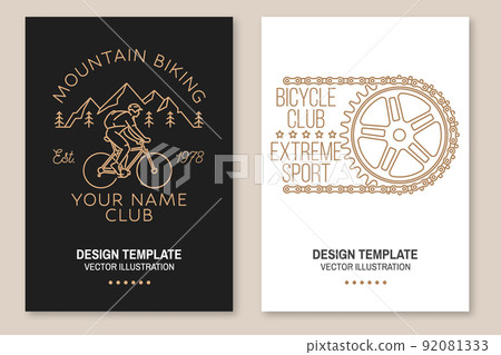 Set of Mountain biking flyer, brochure, banner, poster. Vector illustration. Concept for shirt or logo, print, stamp or tee. Vintage line art design with man riding bike and mountain silhouette. 92081333