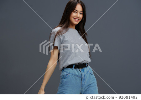 pretty woman casual wear gray t-shirt fashion charm isolated background 92081492