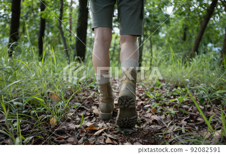 Woman hiker hiking on forest trail 92082591