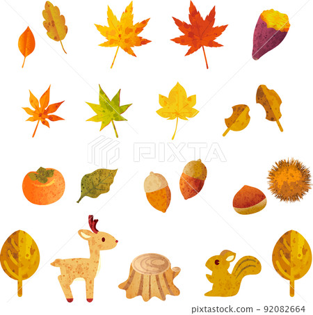 圖標標記秋季水彩動物秋葉楓果可愛時尚插畫素材集 92082664