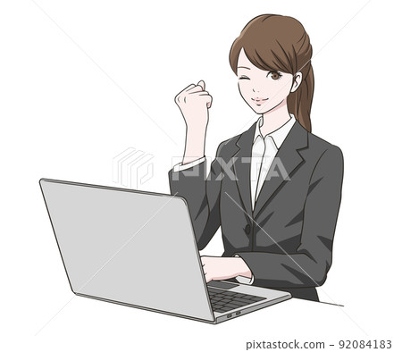 A woman in a suit doing a guts pose in front of a PC A woman in a suit doing a guts pose in front of a PC 92084183