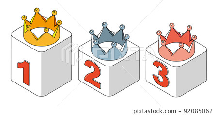 A three-color crown set isometric placed on a pedestal with numbers 1 to 3 written on it A three-color crown set isometric placed on a pedestal with numbers 1 to 3 written on it 92085062