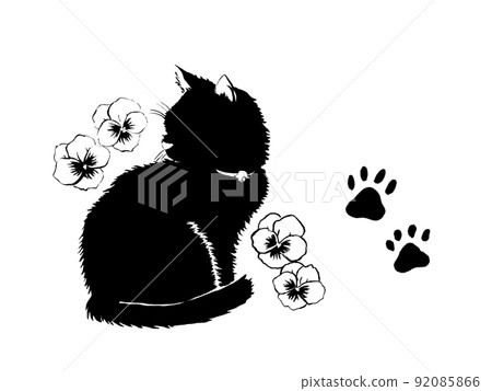 Silhouette of a cat and a pansy that cares about something Silhouette of a cat and a pansy that cares about something 92085866