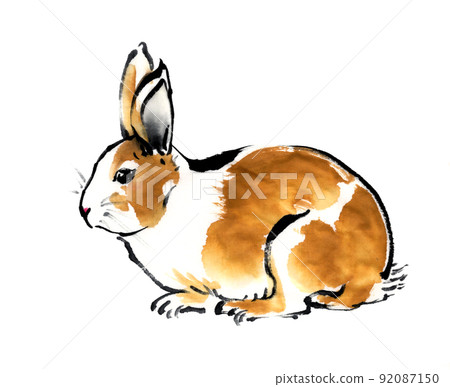 Rabbit crouching drawn with ink painting technique - Stock Illustration ...