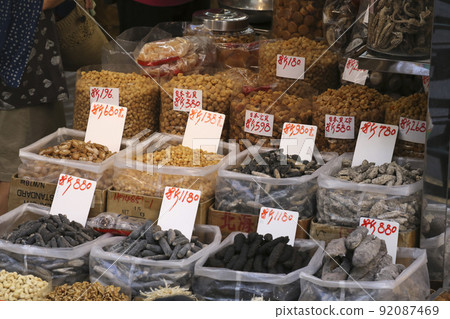 Dry products and herbs sold in Des Voeux Road West, Hong Kong. There are many materials that I do not understand 92087469