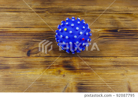 Blue dog toy ball on wooden background. Top view 92087795